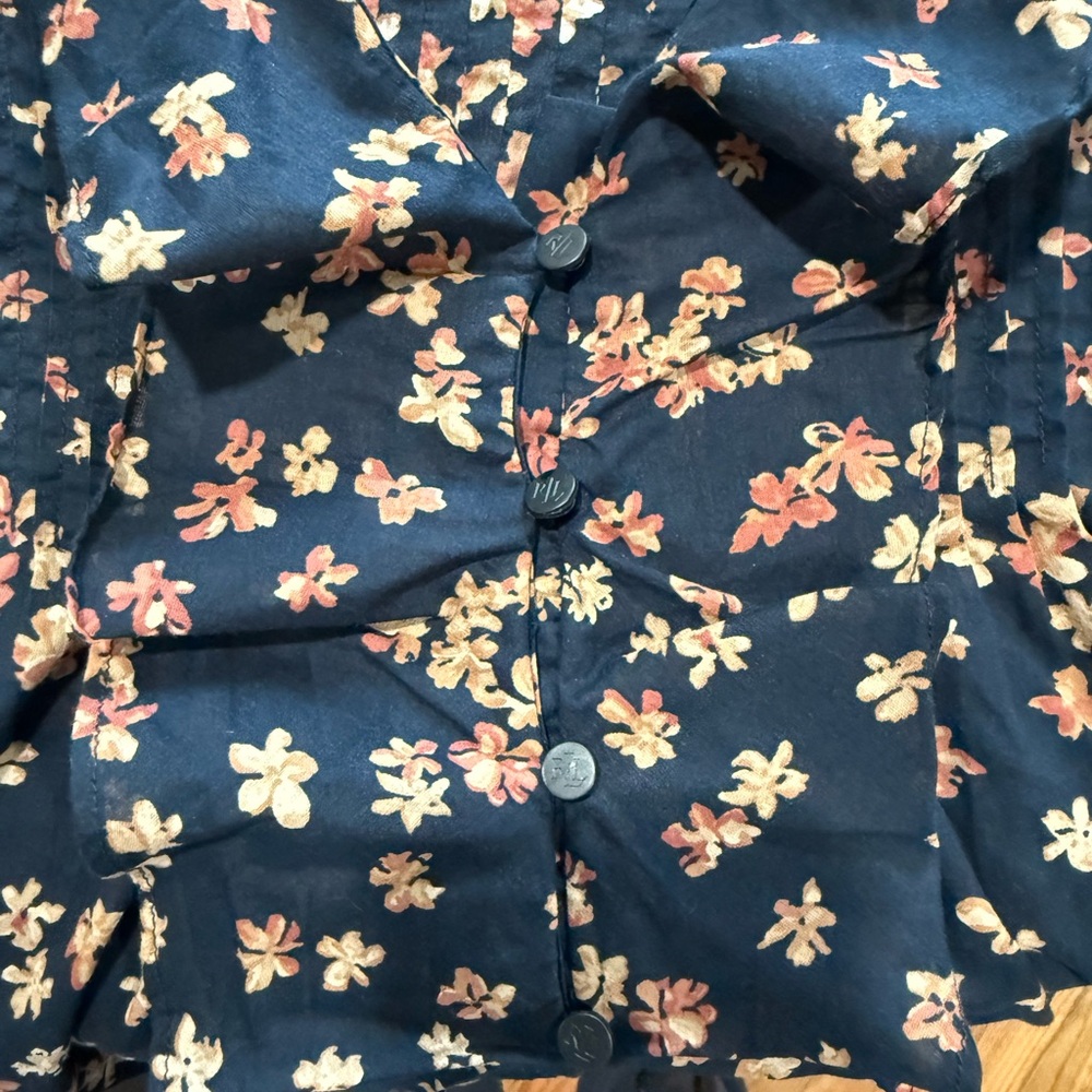 Ralph Lauren Navy Button-Down Floral Shirt with Peach & Cream Flowers